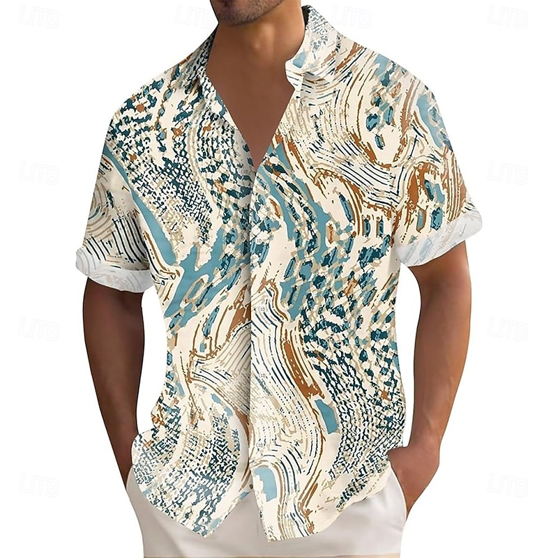 Men's Geometric Waves Abstract Art Shirt Button Up Shirt Aloha Shirt Short Sleeve Fashion Casual Outdoor Vacation Dailywear Summer Spring Turndown 3D Print Collared Shirts Khaki2