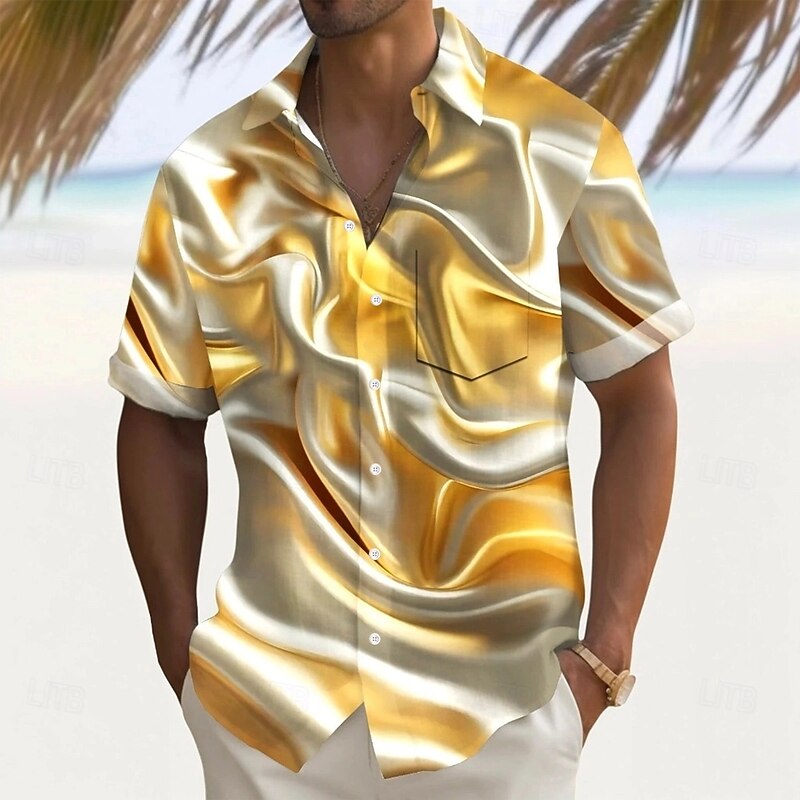 Men's Geometric Waves Marble Shirt Summer Shirt Button Up Shirt Short Sleeve Fashion Casual Outdoor Vacation Dailywear Summer Spring Turndown 3D Print Collared Shirts Front One Pocket Yellow