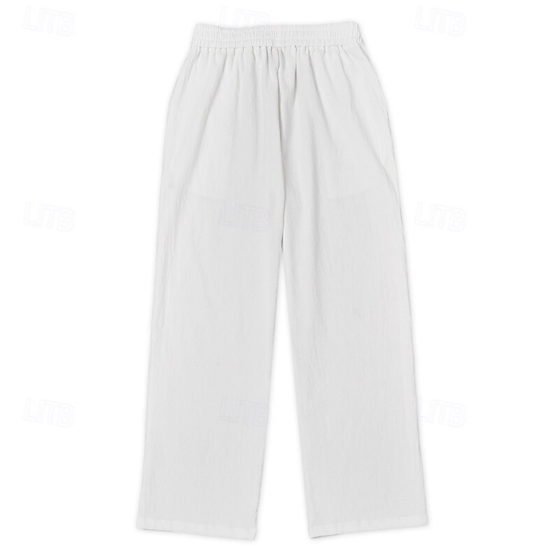 Men's Linen Pants Trousers Summer Pants Baggy Pants Drawstring Elastic Waist Straight Leg Plain Comfort Breathable Full Length Home Yoga Holiday Fashion Streetwear Black White3