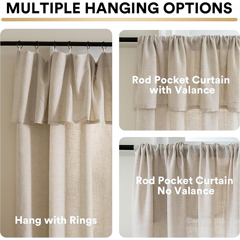 Faux Linen Curtains with Valance Farmhouse Privacy Window Curtain for Living Room Bedroom Ring/Rod Pocket Light Filtering Curtain Drapes 1 Panel3