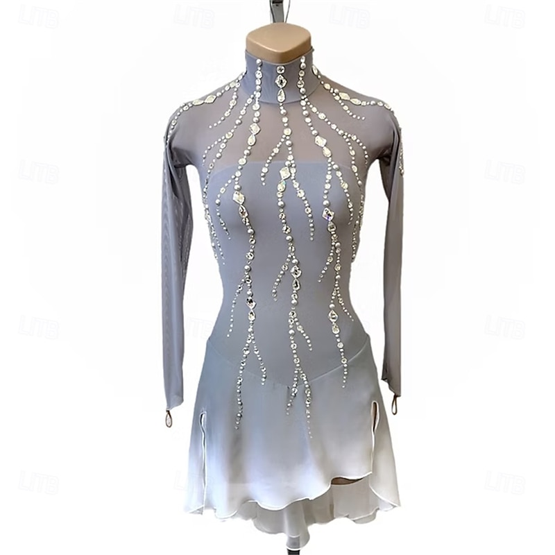Figure Skating Dress Women's Girls' Ice Skating Dress Green Grey Open Back Halo Dyeing Mesh High Elasticity Training Competition Skating Wear Classic Crystal / Rhinestone Long Sleeve Ice Skating4