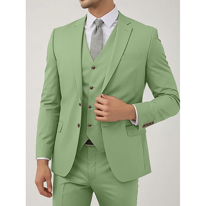 Men's Wedding Party Suits Notch Lapel Sage Fashion Formal Solid Colored Standard Fit 3 Piece Single Breasted Two-buttons