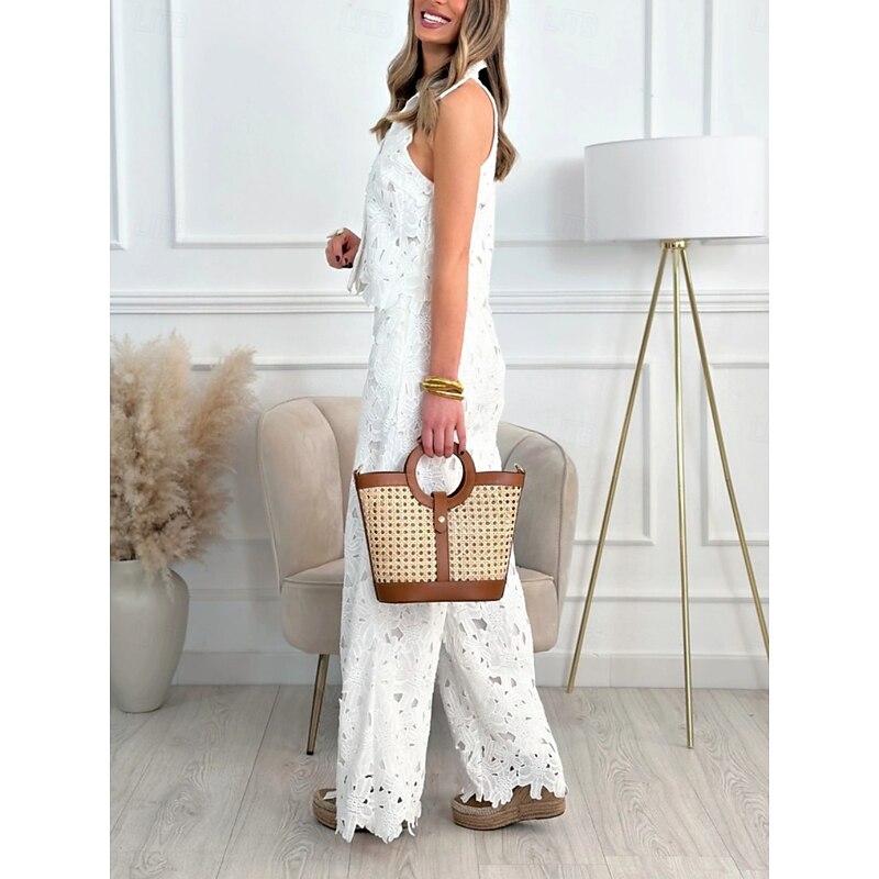 Women's 2 Pieces Fashion Streetwear Daily Camis Pants Sets Sleeveless Shirt Collar Solid Color Patchwork Casual Daily White Yellow Blue Summer Regular Fit3