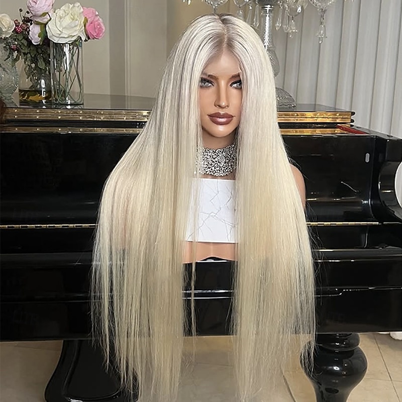 Brazilian Hair Ombre Remy Human Hair Ash Blonde  5x5 Closure Wigs Straight 13x4 Lace Front Wig with Baby Hair 100% Virgin Hair Glueless Wigs Pre-Plucked For Women4