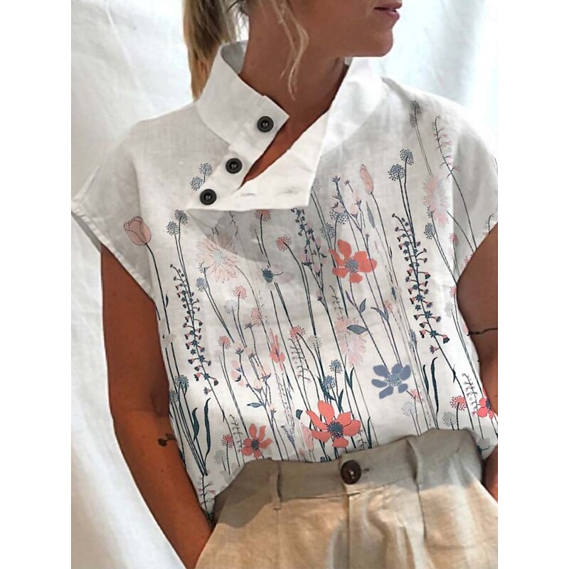 Women's Blouse Floral Stylish Casual Short Sleeve High Neck Regular Tops Daily Buttons Print White Red Blue Summer