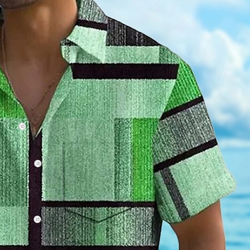 Men's Geometric Color Block Patchwork Shirt Summer Shirt Button Up Shirt Short Sleeve Fashion Casual Vacation Holiday Streetwear Summer Turndown 3D Print Front One Pocket Linen Like Shirt Blue Green2