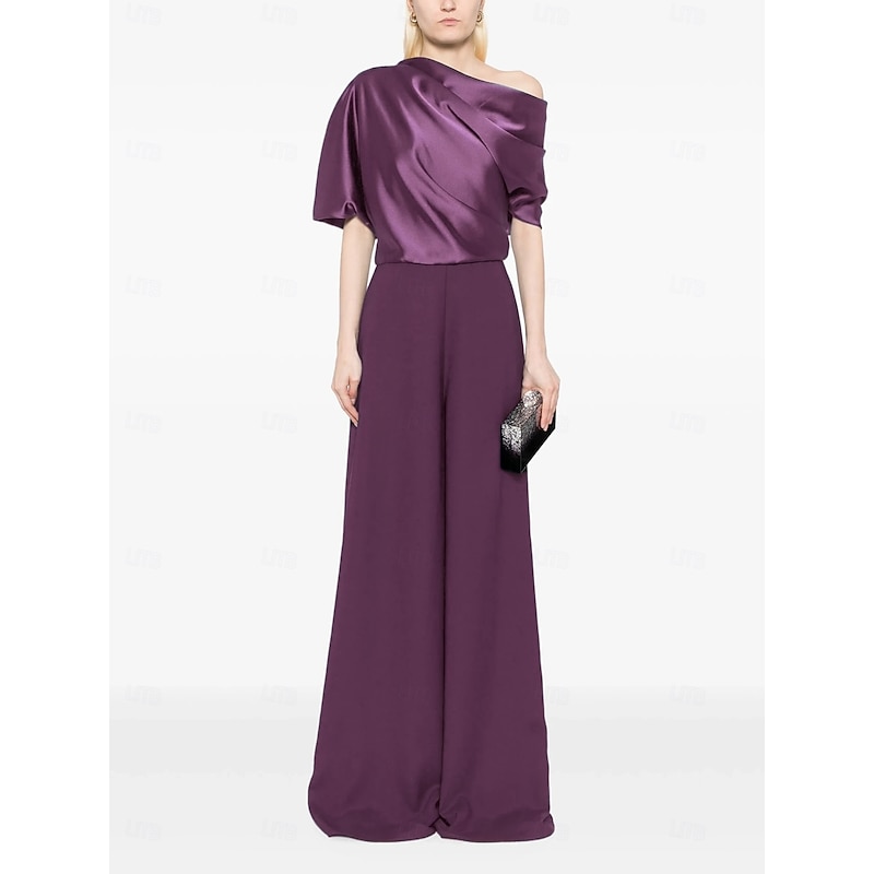 Jumpsuit Mother of the Bride Dress Wedding Guest Simple Minimalist One Shoulder Floor Length Satin Stretch Fabric Short Sleeve with Ruched