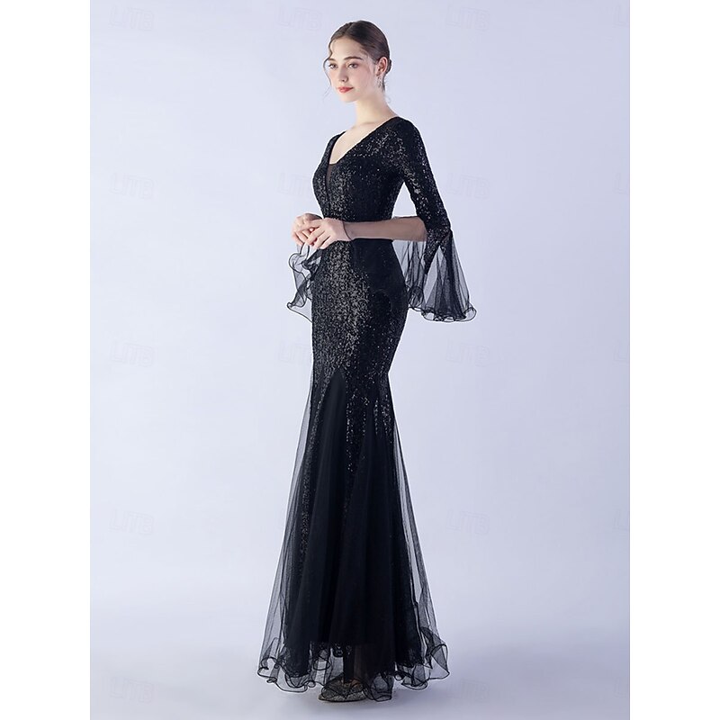 Mermaid / Trumpet Quinceanera Dresses Elegant Dress Formal Wedding Floor Length Long Sleeve V Neck Sequined with Sequin3