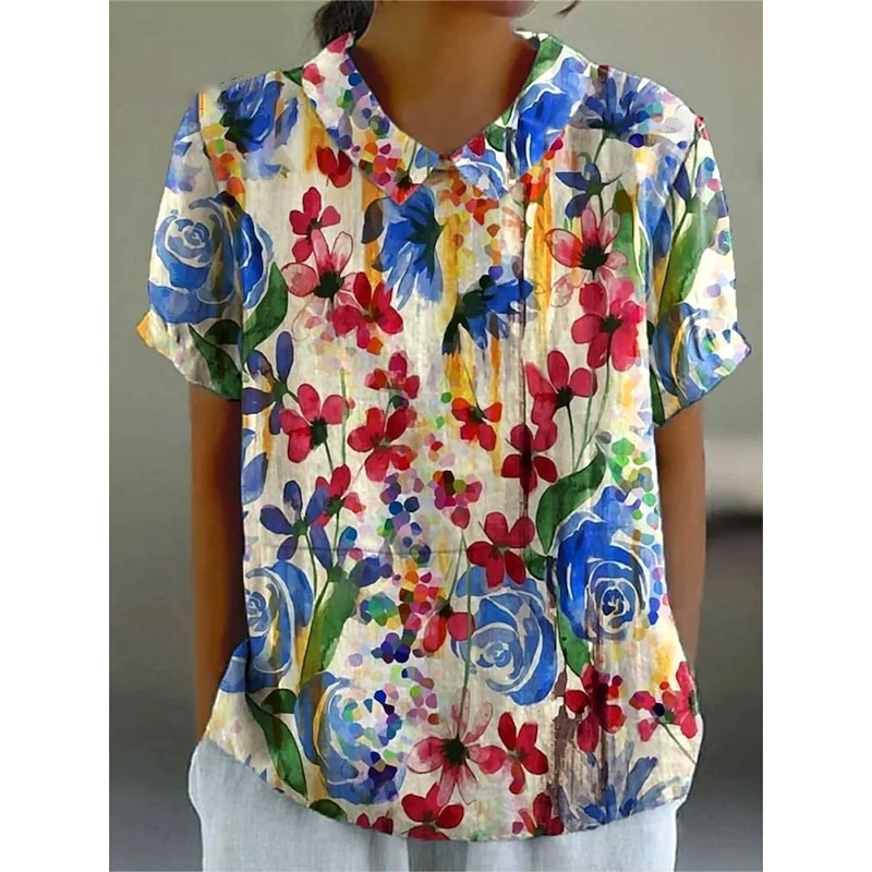 Women's Blouse Floral Graphic Abstract Vintage Tropical Stylish Short Sleeve Shirt Collar Regular Tops Work Daily Print Blush Pink Black Light Green Red Light Blue Summer Spring2