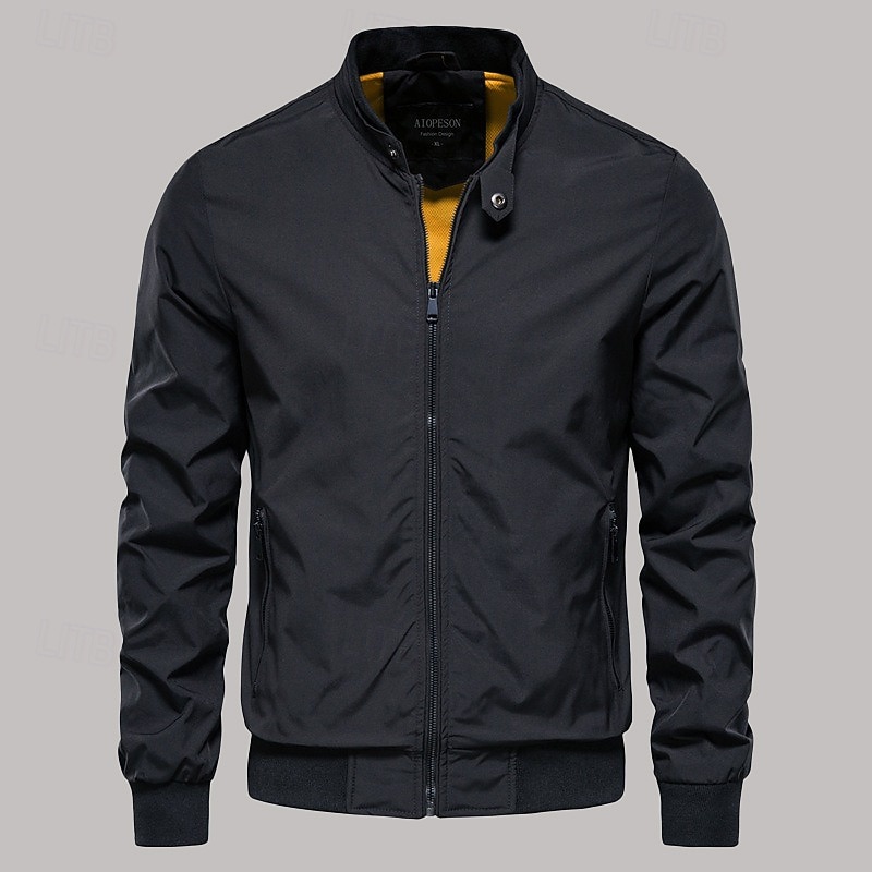 Men's Bomber Jacket Transition Jacket Going out Lightweight Outdoor Zipper Pocket Spring Fall Solid Color Zipper Front Standing Collar Black Dark Navy Green Jacket3