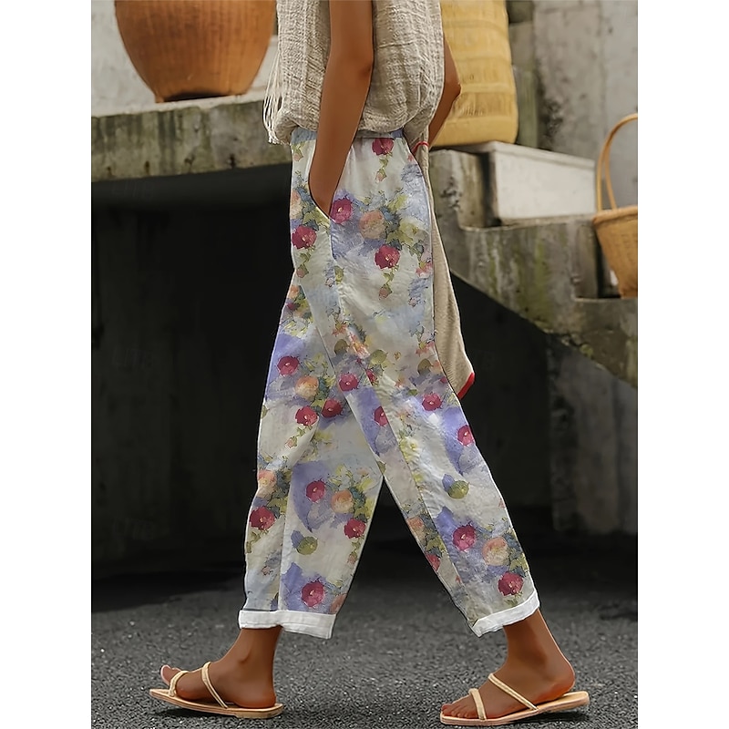 Women's Culottes Wide Leg Elegant Vacation Vintage Full Length High Waist Floral Graphic Printing Soft Breathable Micro-elastic Outdoor Daily Light Pink Light Purple Summer Spring Regular Fit4