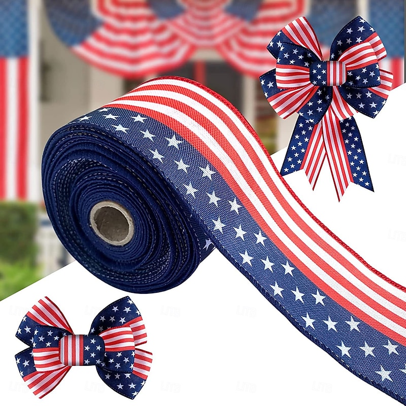 4th of July Independence Day Patriotic Decoration, American Flag Burlap Ribbon Bow with Stars, Rustic Natural Jute Gift Wrap Ribbon for Party, DIY Crafts, Wreaths, and Home Decor