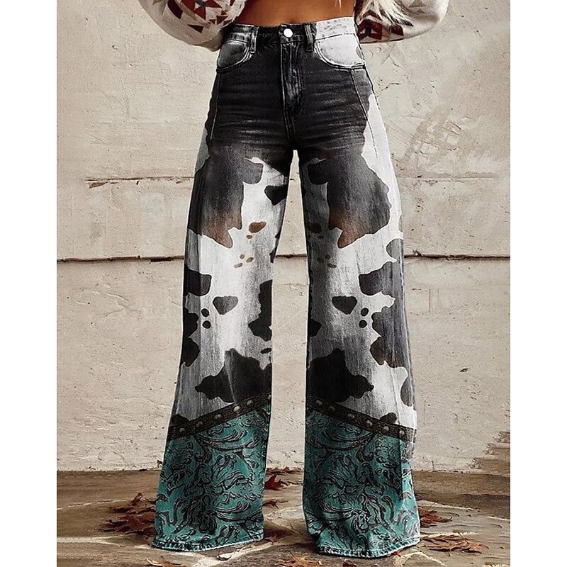 Women's Wide Leg Pants Trousers Fashion Streetwear Full Length Natural Floral Pocket Print Outdoor Comfortable Going out Weekend Black Summer Regular Fit