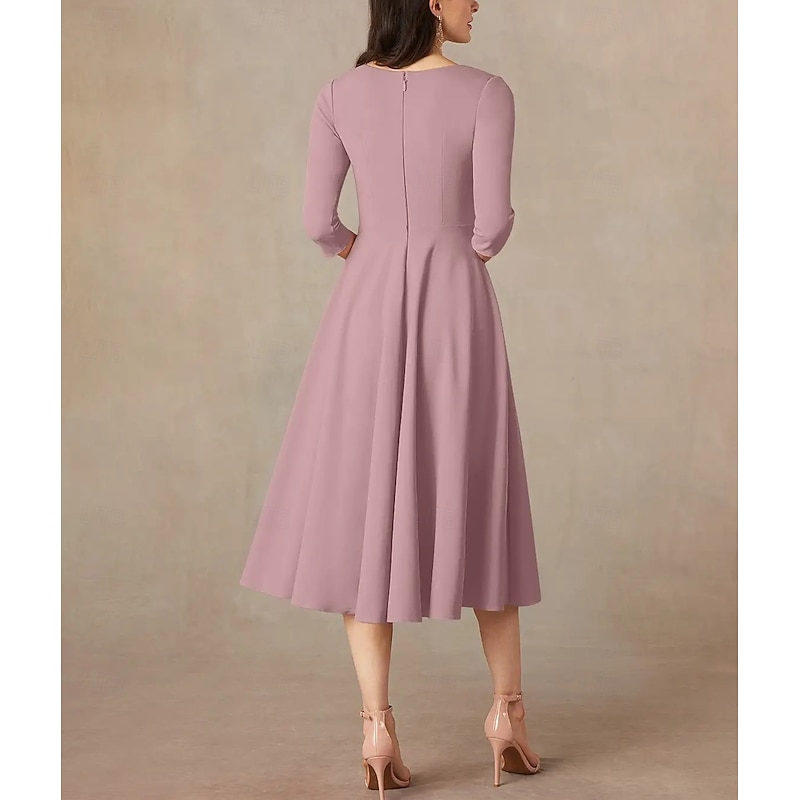 A-Line Mother of the Bride Dress Wedding Guest Elegant Minimalist V Neck Tea Length Italy Satin 3/4 Length Sleeve with Draping2