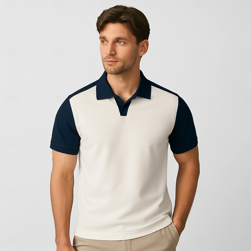 Men's 100% Cotton Polo Work Street Seagull collar Short Sleeve Vacation Vintage Solid Color Color Block Patchwork Color Block Summer Spring White Mint Green Polo