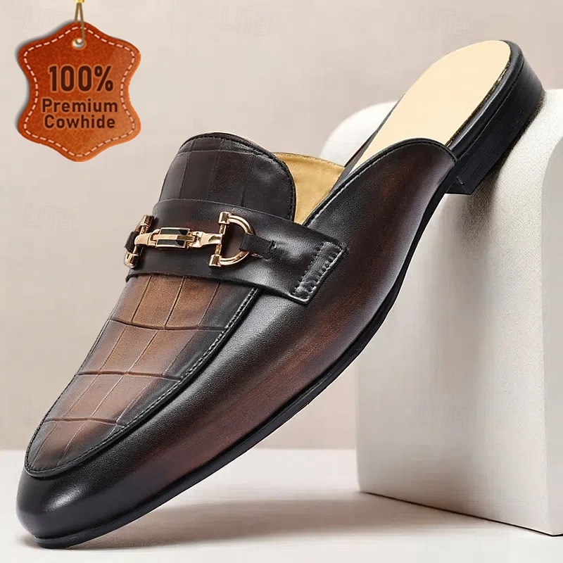 Men's Brown Leather Mule Shoes with Crocodile Pattern and Gold Buckle - Luxury, Stylish, Suitable for Business, Formal Occasions and Evening Wear
