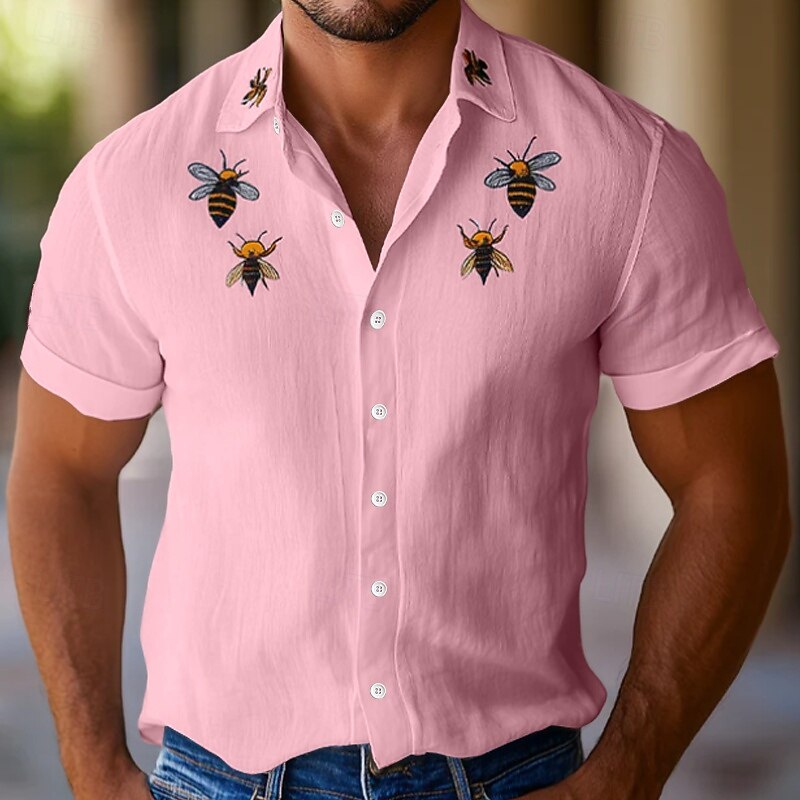 Men's Linen Shirt Summer Shirt Beach Wear Button Up Shirt Bee Vacation Holiday White Pink Blue Short Sleeve Turndown Summer Spring Clothing Apparel3