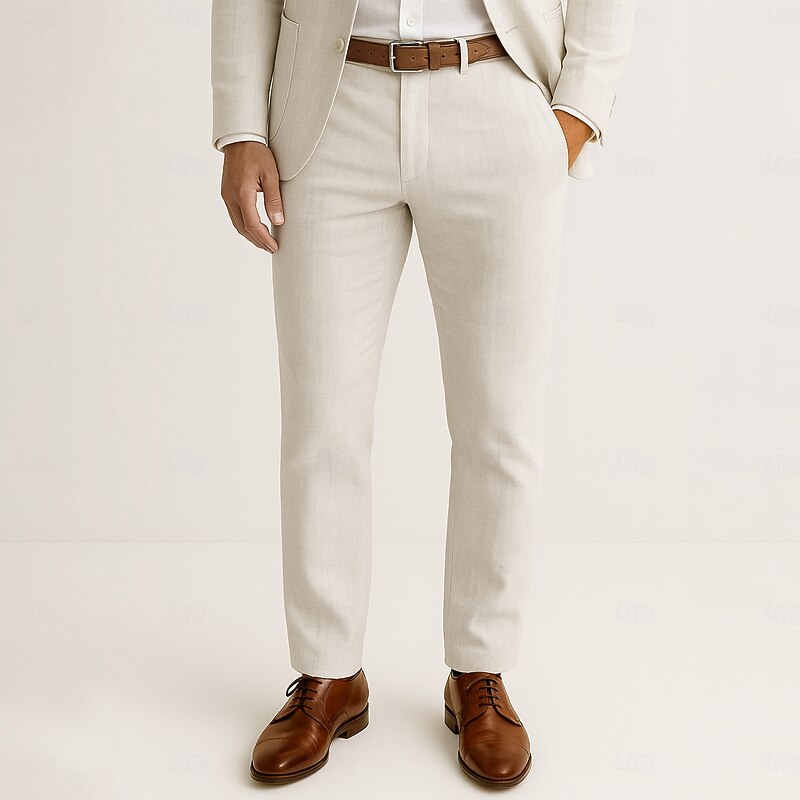 Men's 100% Linen Pants Solid Color Breathable Full Length Formal Wedding Outdoor Elegant Vacation Navy Blue Beige Micro-elastic