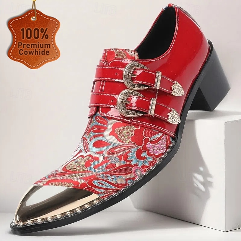 Men's Red and Gold Leather Dress Shoes with Gold Tip Double Buckle Detail–Stylish, Premium, Ideal for Formal Events, Parties  and Special Occasions