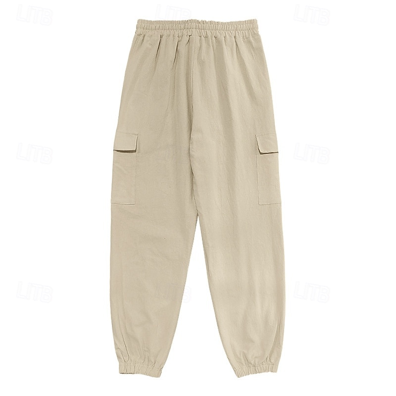 Men's Cargo Pants Linen Pants Trousers Summer Pants Casual Pants Drawstring Elastic Waist Multi Pocket Plain Comfort Breathable Full Length Casual Daily Holiday Vacation Fashion Black White3