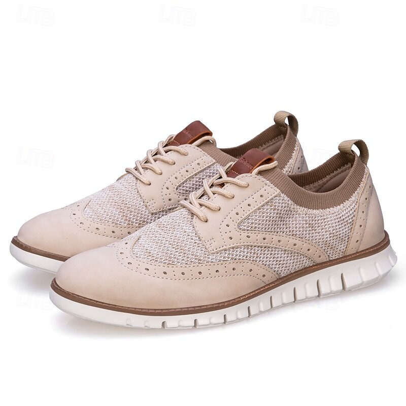 Men's Shoes Beige Casual Lace-Up Shoes with Breathable Knit Upper and Flexible Sole for Daily Wear Office and Travel2