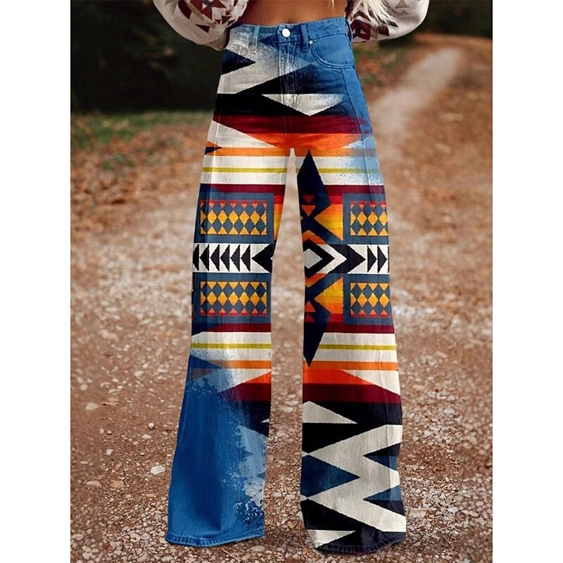 Retro Vintage 1970s Y2K Pants Wide Legged Pants Hippie Disco High Waist Tribal Faux Jeans Style Fancy Dress Women's Carnival Casual Daily Music Festival Retro Theme Party Adults' Pants