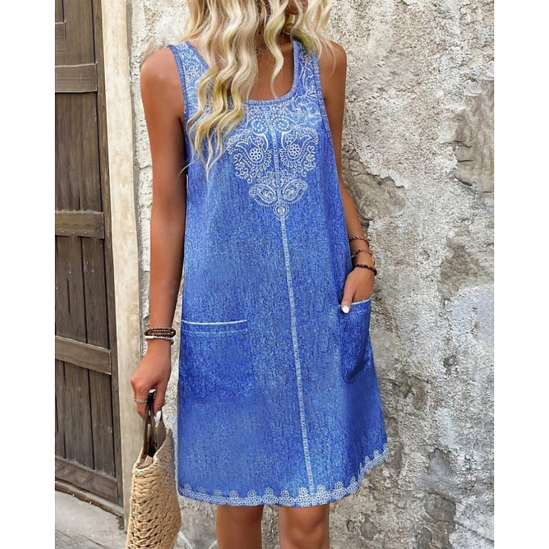 Women's Mini Dress Boho Dress Print Dress Fashion Modern Vacation Daily Holiday Regular Fit Flower Sleeveless U Neck Royal Blue Summer4