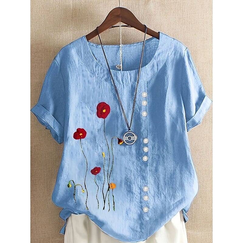 Women's Cotton Linen Blouse Floral Graphic Vintage Casual Short Sleeve Crew Neck Regular Tops Daily Going out Buttons Print Asymmetric Hem White Blue Summer Spring2