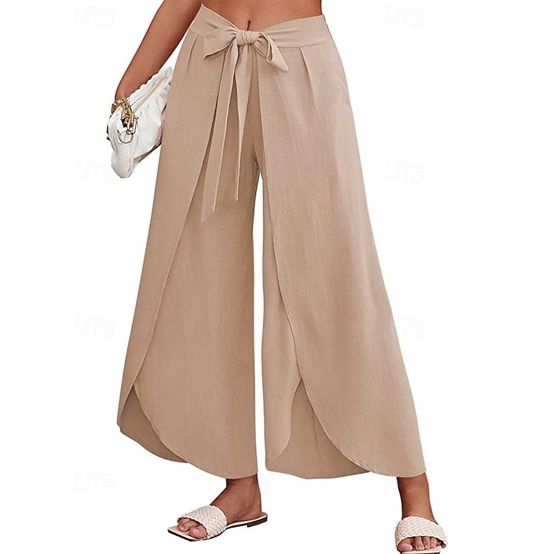 Women's Cotton Linen Pants Slacks Casual Full Length Natural Plain Elastic Waist Split Outdoor Comfortable Holiday Daily Wear Weekend Apricot Jacinth Light Sky Blue Black Summer Regular Fit