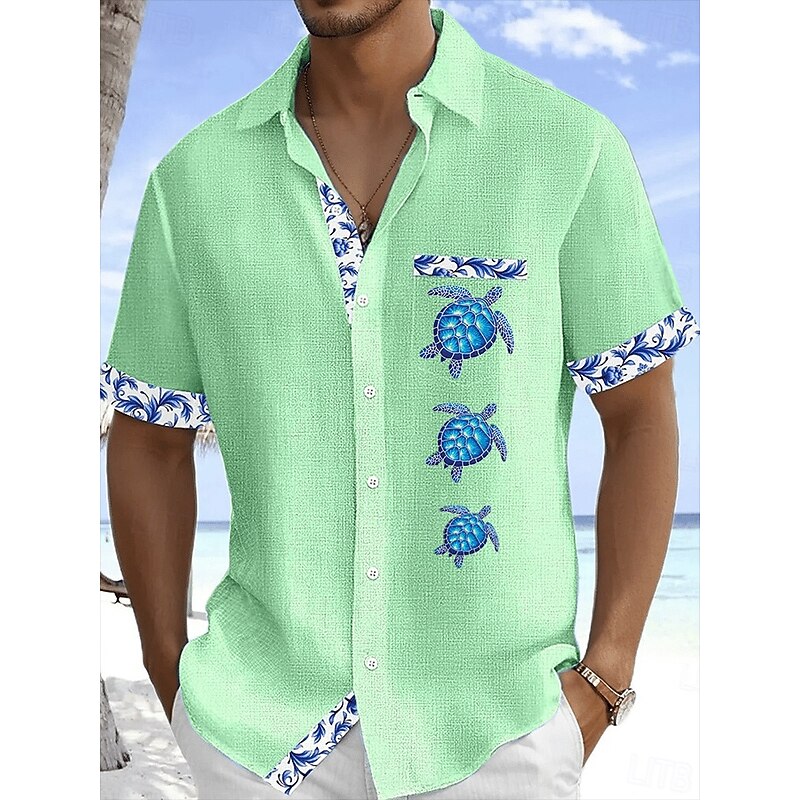 Men's Shirt Linen Shirt Summer Shirt Beach Shirt Button Up Shirt Turtle Vacation Holiday White Pink Sky Blue Green Short Sleeve Turndown Summer Clothing Apparel Front Pocket4
