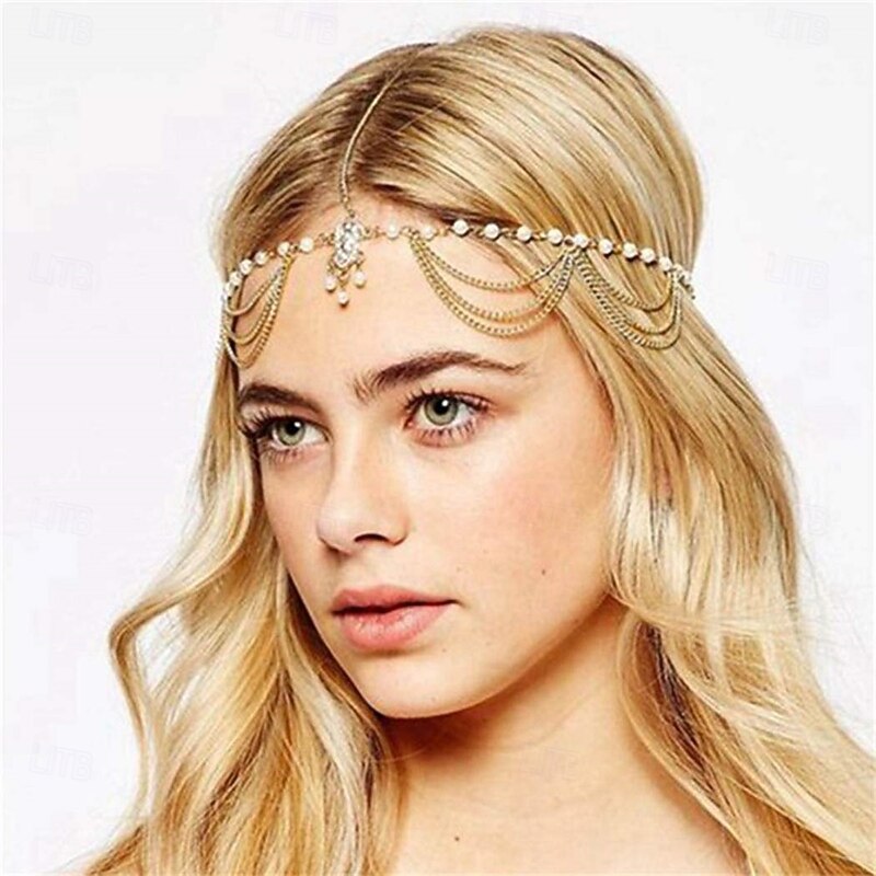 Boho Pearl Hair Chain Gold Tassel Headpiece Gypsy Festival Wedding Hair Accessories for Women