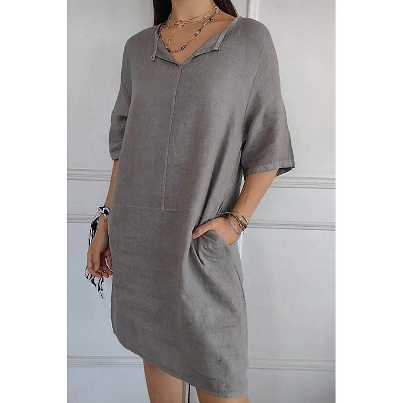 Women's Mini Dress Cotton Linen Dresses Casual Dress Summer Dress Basic Modern Daily Weekend Regular Fit Plain 3/4 Length Sleeve V Neck Black White Brown Gray Summer2