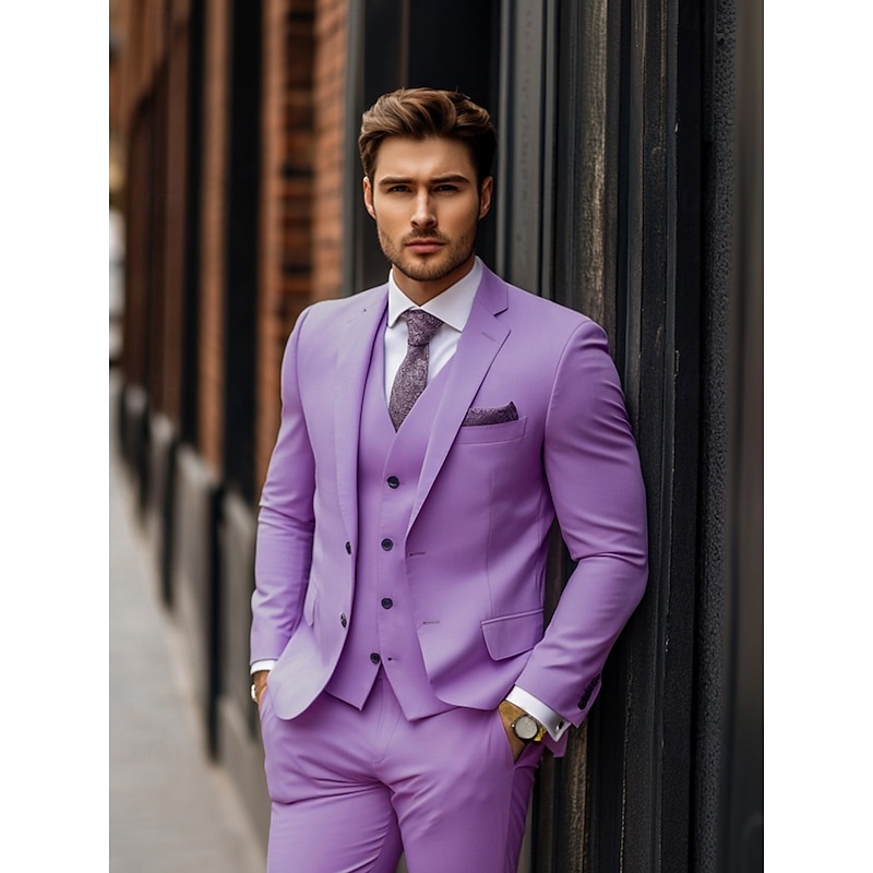 Men's Wedding Suits Purple Summer Fashion Formal Solid Colored Standard Fit 3 Piece Single Breasted Two-buttons2
