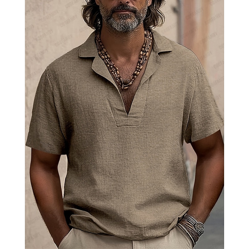 Men's Shirt Linen Shirt Casual Shirt Cotton Shirt Plain Vacation Street Blue Coffee Short Sleeve Turndown Summer Clothing Apparel