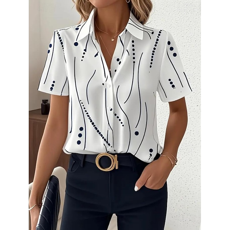 Women's Shirt Long Sleeve Button Down Blouse Graphic Geometric Daily Casual Short Sleeve Shirt Collar Regular Tops Daily White Summer Spring