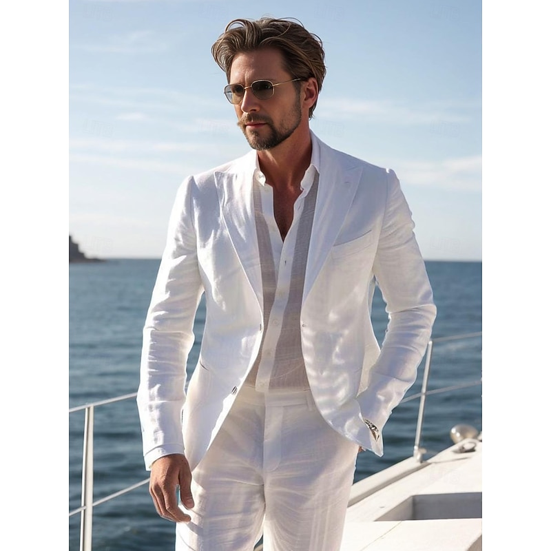 Men's Casual Linen Suits Notch Lapel White Daily Lightweight Solid Colored Standard Fit 2 Piece Single Breasted Two-buttons2