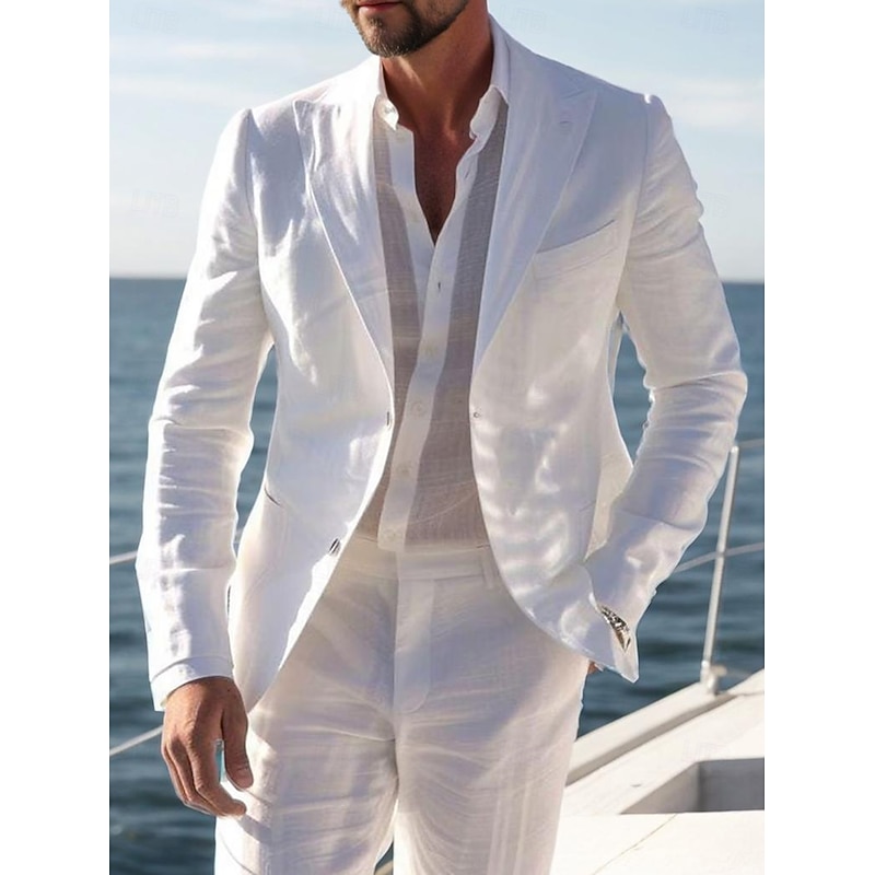 Men's Casual Linen Suits Notch Lapel White Daily Lightweight Solid Colored Standard Fit 2 Piece Single Breasted Two-buttons