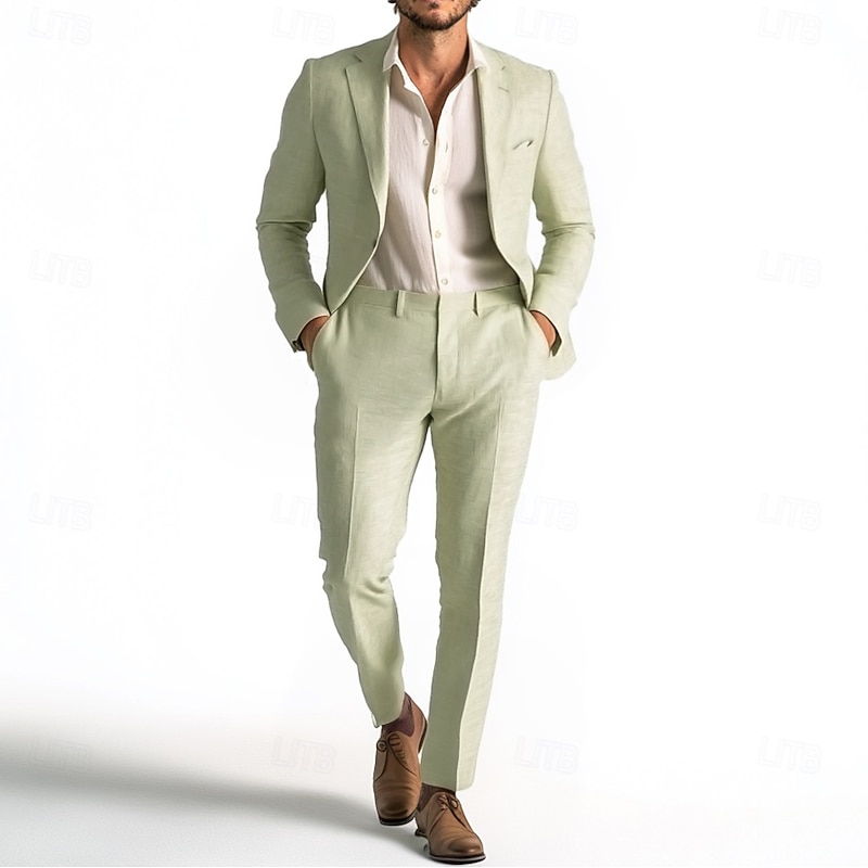Men's Casual Linen Suits Summer Wedding Sage Fashion Formal Solid Colored Standard Fit 2 Piece Single Breasted One-button2