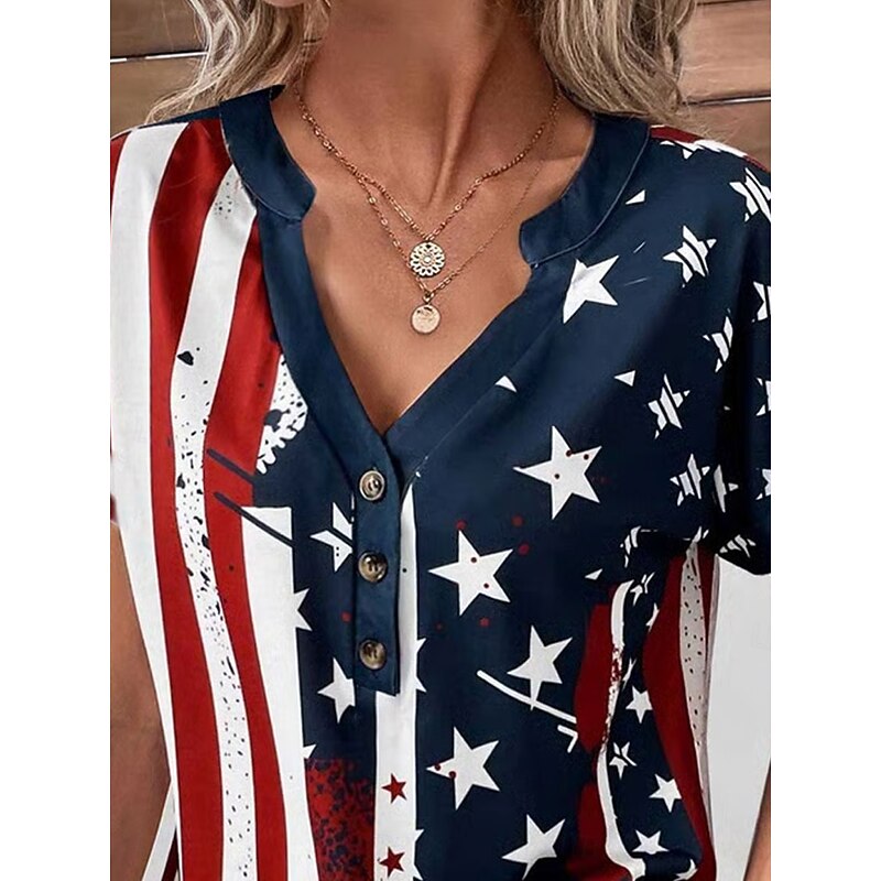 Women's Patriotic  T Shirt Graphic American Flag Vintage Stylish Casual Short Sleeve V Neck Regular Tops Daily Weekend Print Blue Summer2