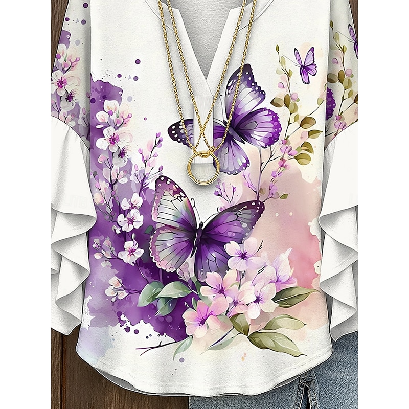 Women's Blouse V Neck Layered Ruffle Sleeve Tops Floral Graphic Butterfly Bohemia Vintage Tropical 3/4 Length Sleeve Regular Tops Daily Holiday Vacation Wear Print Yellow Red Blue Purple Green Summer3