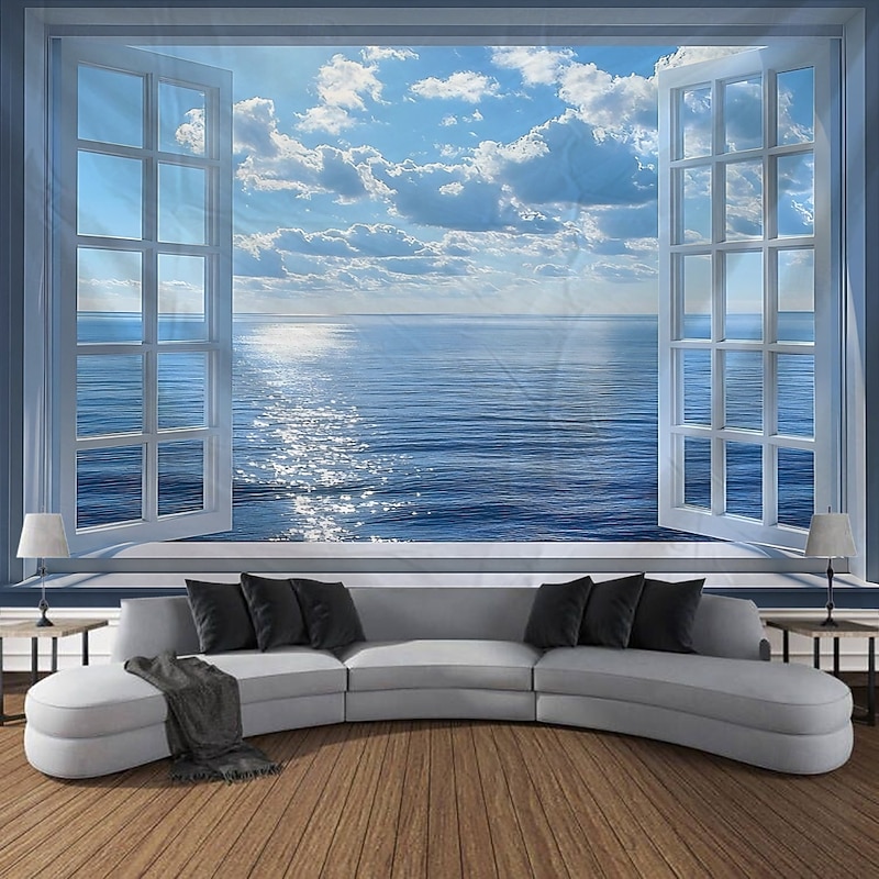 Window curtains ocean waves coconut trees landscape tapestries decorative art blankets curtains hanging home bedroom living room decoration2
