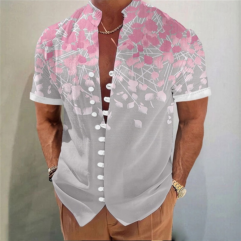 Men's Floral Print Gradient Color Flowers Summer Hawaiian Shirt Aloha Shirt Stand Collar Shirt Short Sleeve Hawaiian Vacation Beach Wear Summer Spring Mandarin Collar 3D Print Button Down Shirts