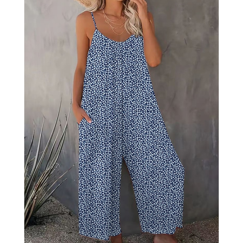 Women's Normal Jumpsuit Streetwear Floral Sleeveless Crew Neck Print Street Daily Regular Fit Black Navy Blue Blue Summer3