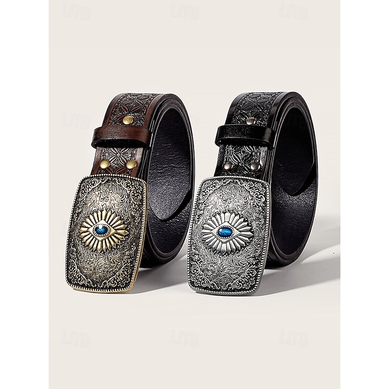 Men's Western Tooled Faux Leather Belt with Vintage Engraved Buckle and Blue Gem, Cowboy Style for Rodeo, Outdoor Events and Casual Wear3