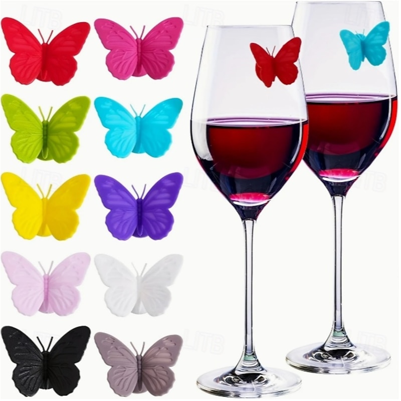 Silicone Butterfly Wine Glass Charms, 10-Color Set of Creative Wine Glass Tags for Parties and Gatherings