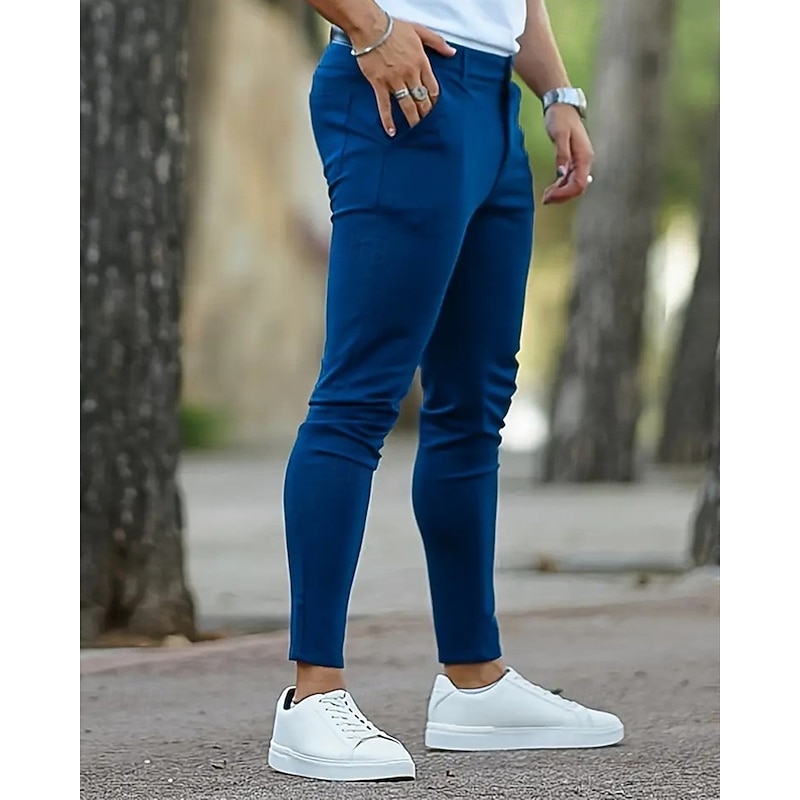 Men's Dress Pants Skinny Trousers Chinos Buttons Pocket Plain Comfort Ankle-Length Formal Party Work Fashion Classic Style Black Blue Micro-elastic2