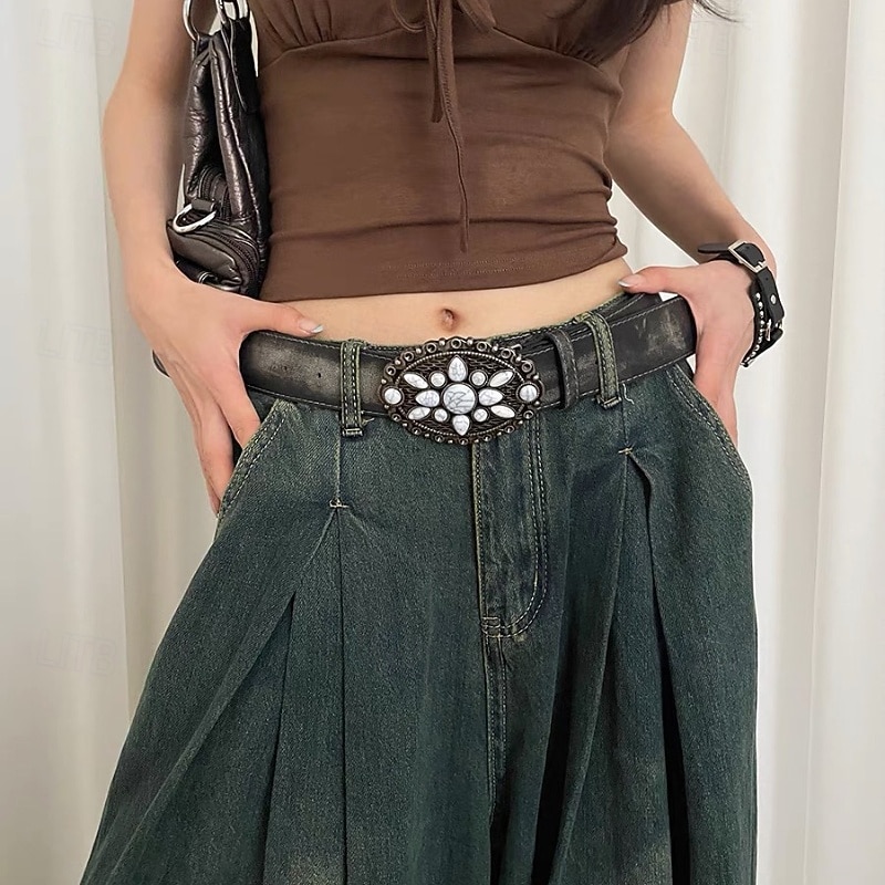 Women's Belt PU Black Gray Waist Belt Outdoor Weekend Floral2