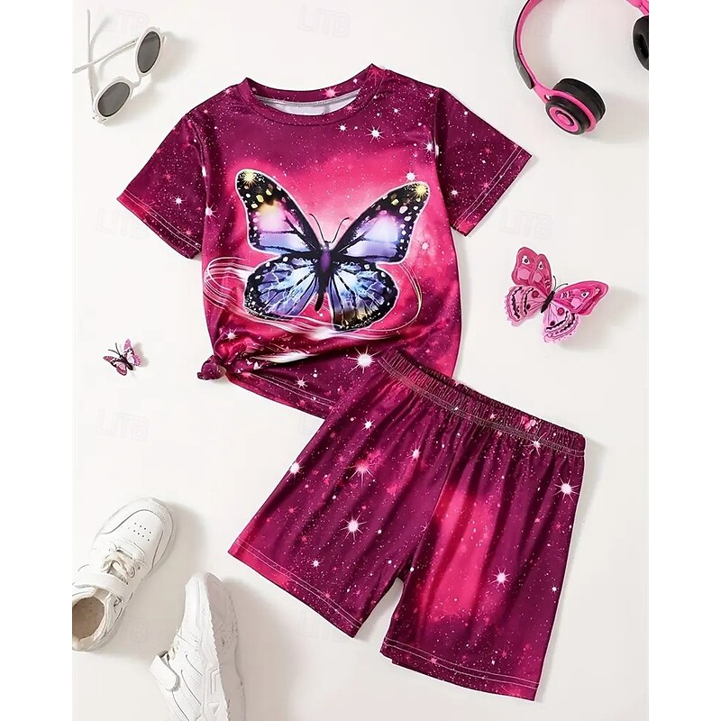 Boys 3D Butterfly T-shirt & Shorts Set Short Sleeve Summer Spring Sports Fashion Daily Kids 4-12 Years Crew Neck Outdoor Vacation Sports Tailored Fit3
