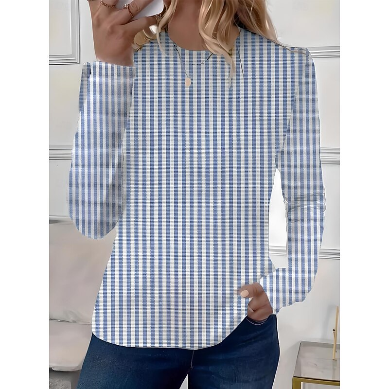 Women's T shirt Long Sleeve Crew Neck Long Sleeve Tunic Graphic Geometric Striped Elegant Vintage Regular Tops Daily Going out Weekend Print Pink Blue Sky Blue Prefall3