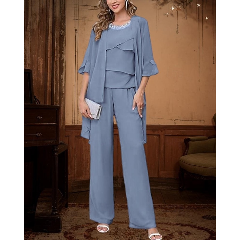 Pantsuit 3 Piece Mother of the Bride Dress Elegant Simple Minimalist Crew Neck Floor Length Ankle Length Chiffon Half Sleeve with Crystals Cascading Ruffles4